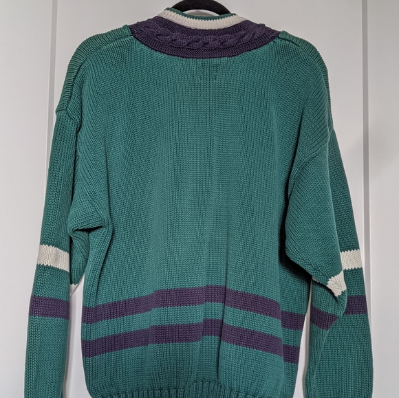 VTG 90s GAP V-Neck Cable Knit Sweater Varsity College Green Cotton Men's L Large - Picture 3 of 4